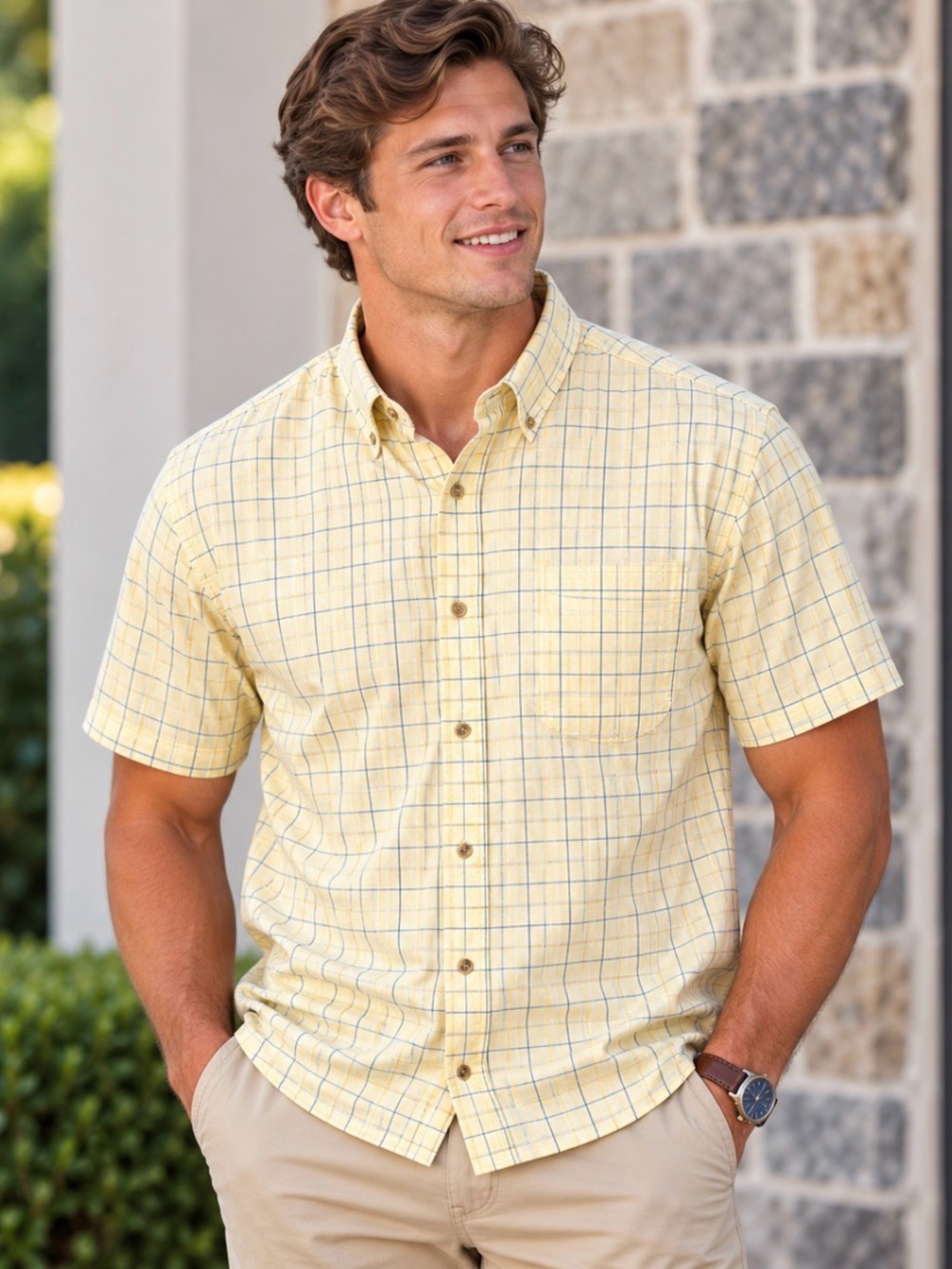 LL Bean Shirt Men L Tall Yellow Plaid Wrinkle Resistant Button Down Short Sleeve